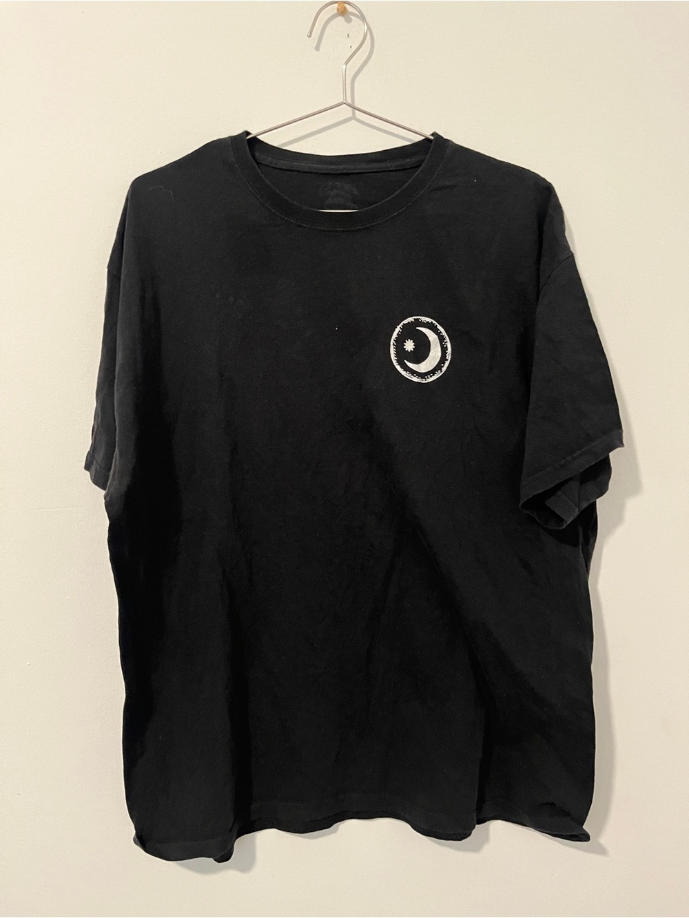 Black Short-Sleeve Crewneck Tee with White Crescent-Star Chest Logo